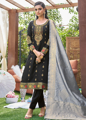 3 Pc Black Unstitched Silk Suit Set With Dupatta VDLL002270773 - Indian Silk House Agencies