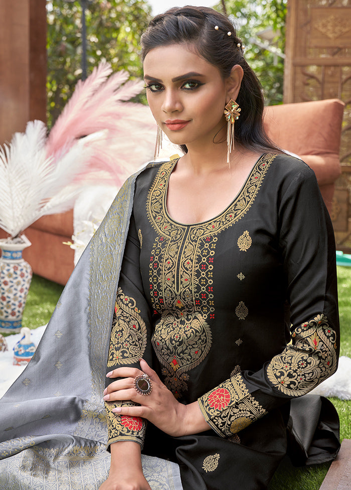 3 Pc Black Unstitched Silk Suit Set With Dupatta VDLL002270773 - Indian Silk House Agencies