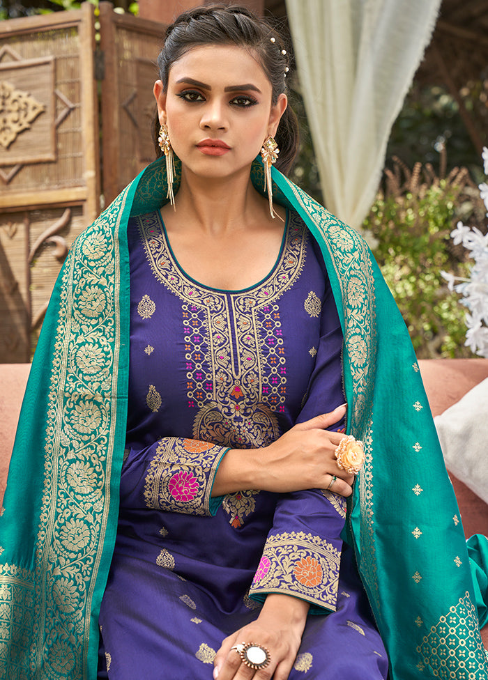 3 Pc Royal Blue Unstitched Silk Suit Set With Dupatta VDLL002270774 - Indian Silk House Agencies