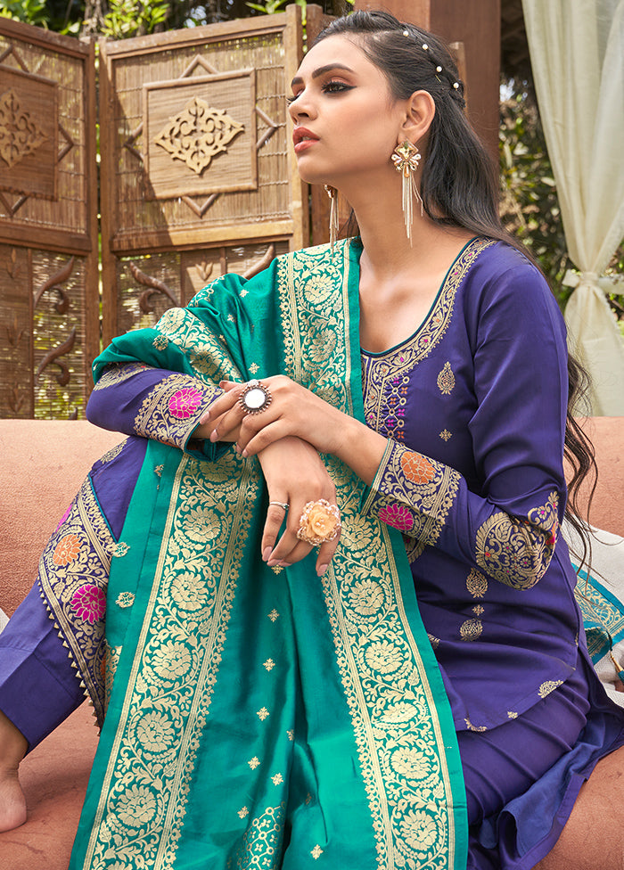 3 Pc Royal Blue Unstitched Silk Suit Set With Dupatta VDLL002270774 - Indian Silk House Agencies