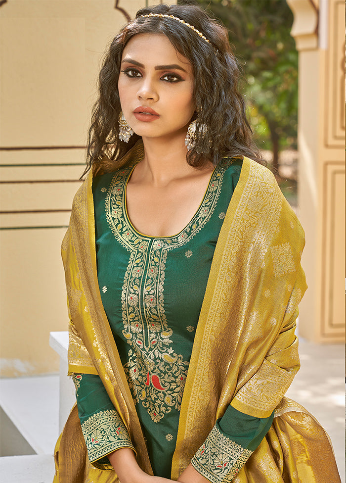 3 Pc Green Unstitched Silk Suit Set With Dupatta VDLL002270775 - Indian Silk House Agencies