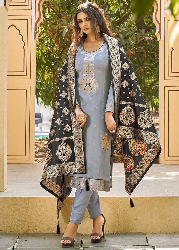 3 Pc Grey Unstitched Silk Suit Set With Dupatta VDLL002270776 - Indian Silk House Agencies