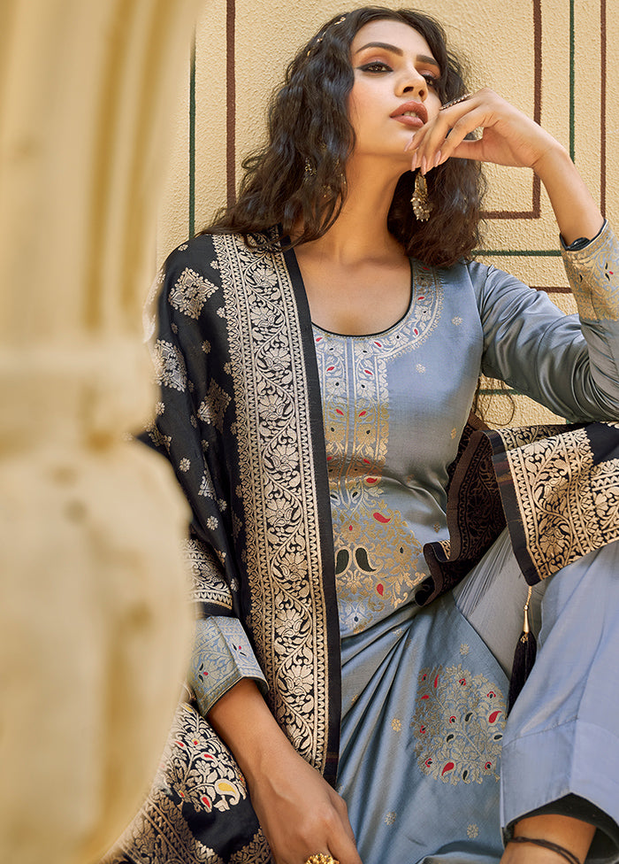 3 Pc Grey Unstitched Silk Suit Set With Dupatta VDLL002270776 - Indian Silk House Agencies