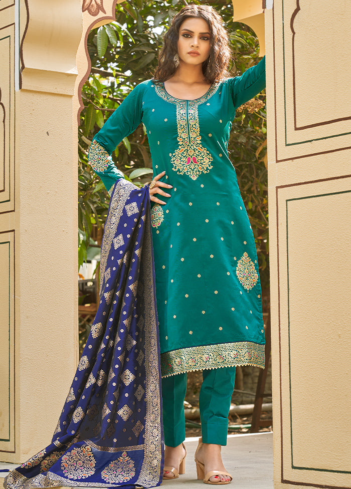 3 Pc Green Unstitched Silk Suit Set With Dupatta VDLL002270777 - Indian Silk House Agencies
