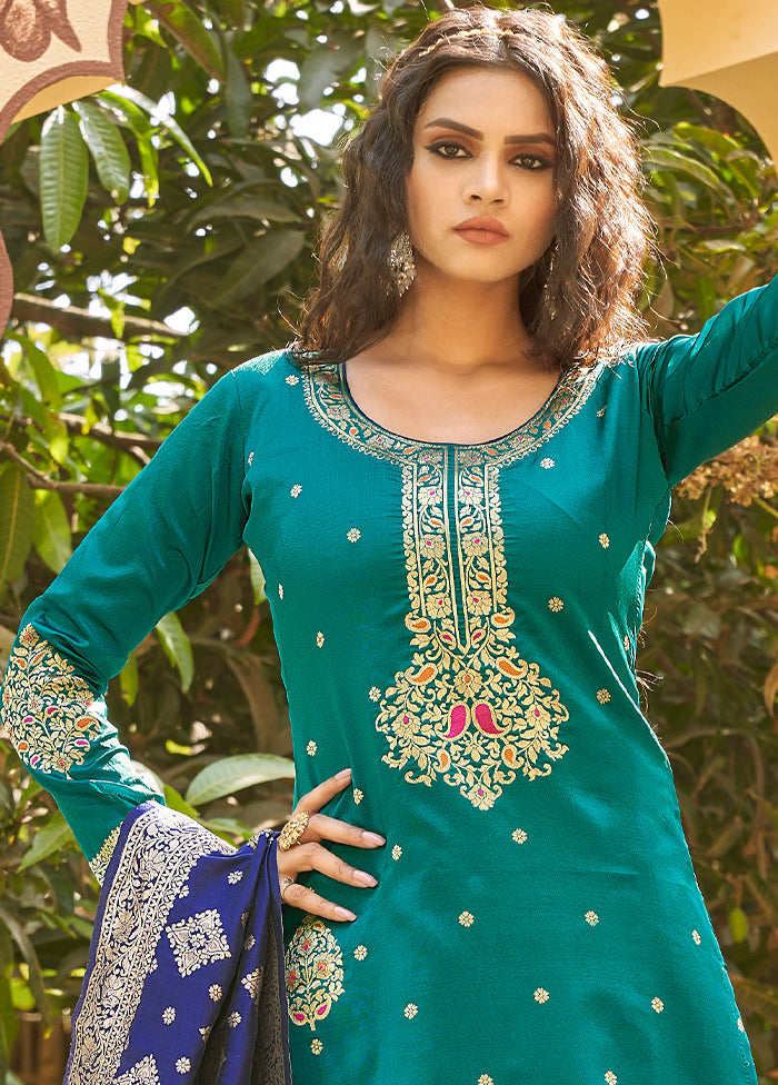 3 Pc Green Unstitched Silk Suit Set With Dupatta VDLL002270777 - Indian Silk House Agencies