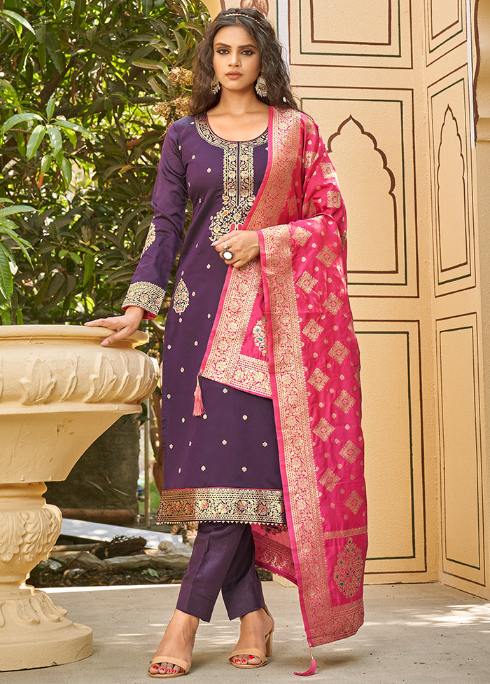 3 Pc Purple Unstitched Silk Suit Set With Dupatta VDLL002270778 - Indian Silk House Agencies