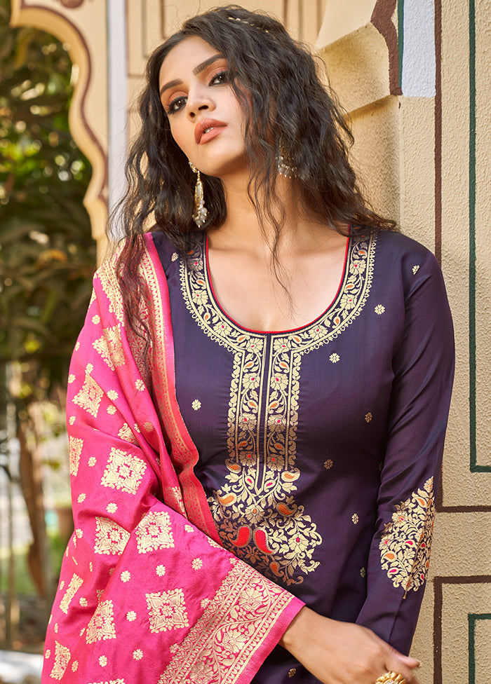 3 Pc Purple Unstitched Silk Suit Set With Dupatta VDLL002270778 - Indian Silk House Agencies