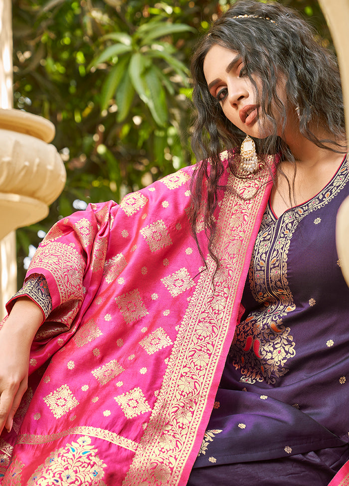 3 Pc Purple Unstitched Silk Suit Set With Dupatta VDLL002270778 - Indian Silk House Agencies