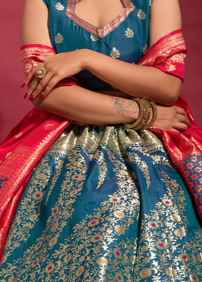 Blue Semi Stitched Silk Lehenga Choli Set With Dupatta - Indian Silk House Agencies