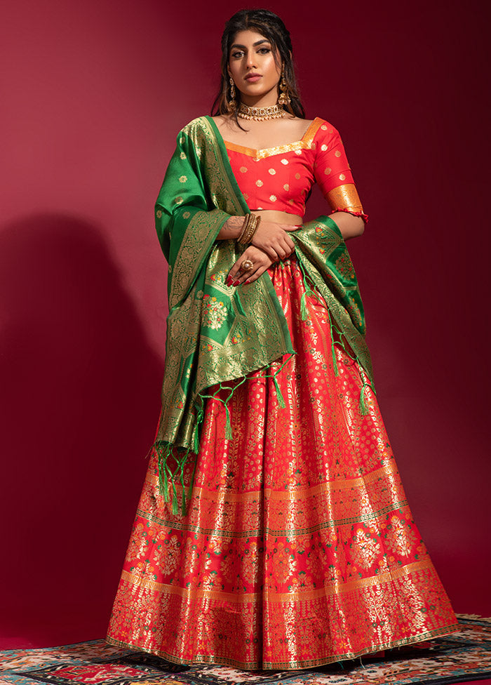 Red Semi Stitched Lehenga Choli Set With Dupatta - Indian Silk House Agencies