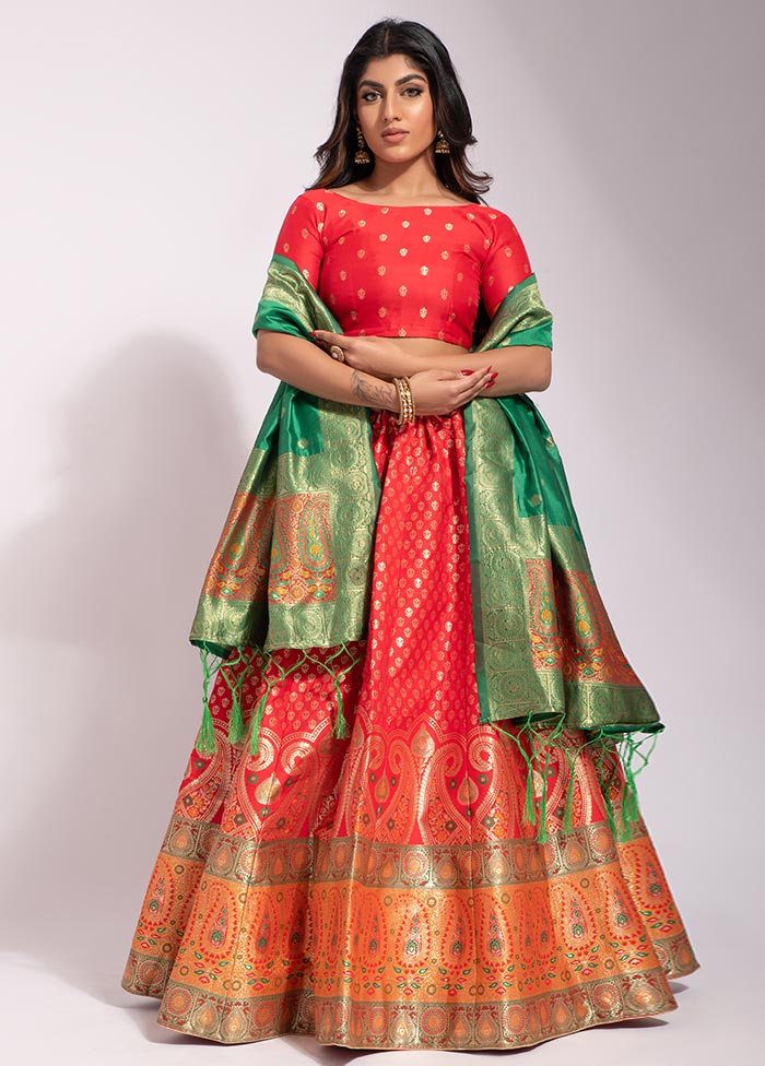 Red Semi Stitched Silk Lehenga Choli Set With Dupatta - Indian Silk House Agencies