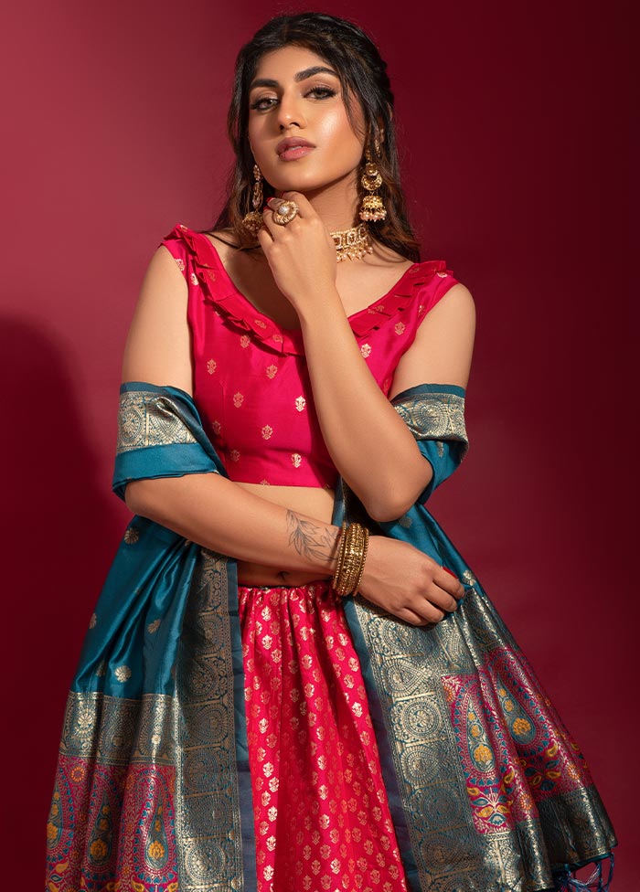 Pink Semi Stitched Silk Lehenga Choli Set With Dupatta - Indian Silk House Agencies