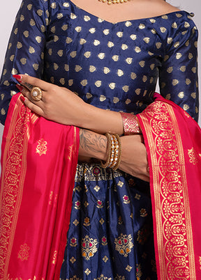 Navy Blue Semi Stitched Silk Lehenga Choli With Dupatta - Indian Silk House Agencies