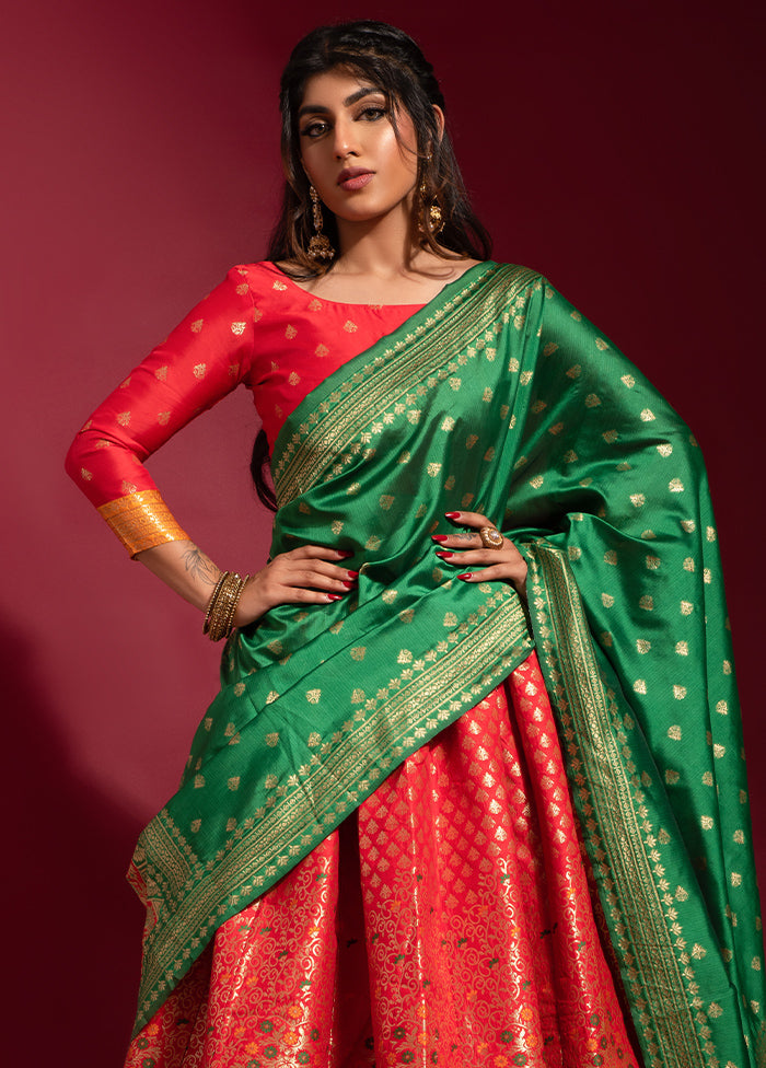 3 Pc Red Semi Stitched Woven Lehenga - Indian Silk House Agencies