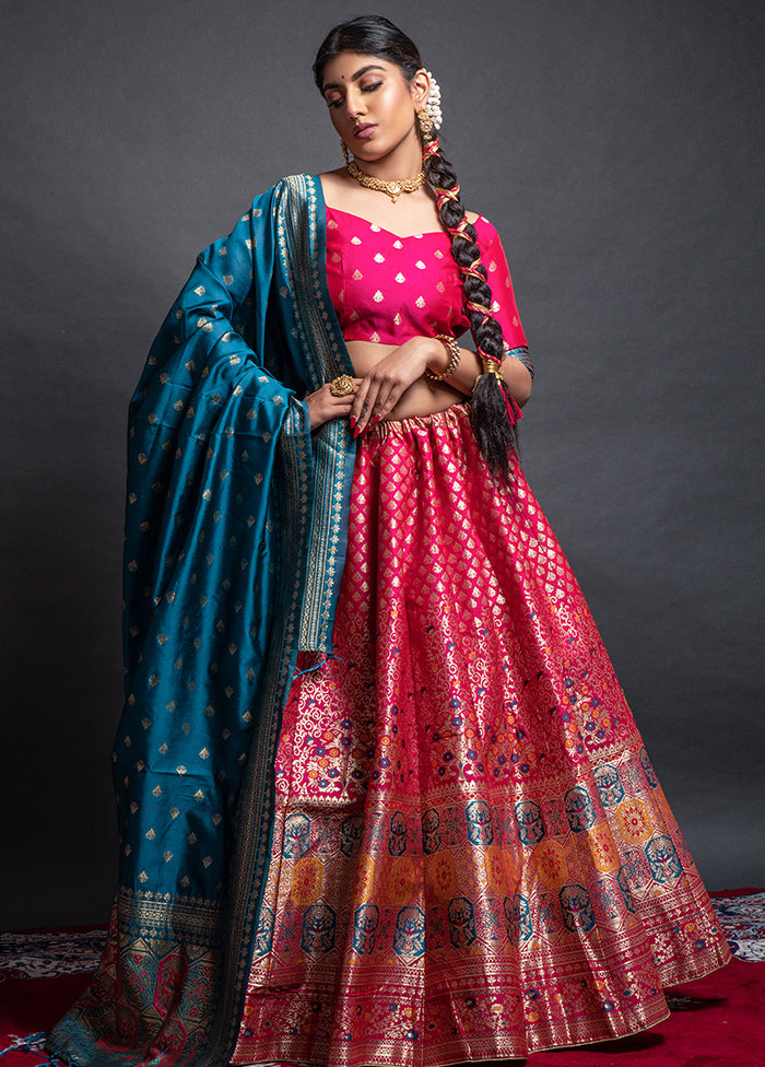 3 Pc Rani Pink Semi Stitched Woven Lehenga - Indian Silk House Agencies