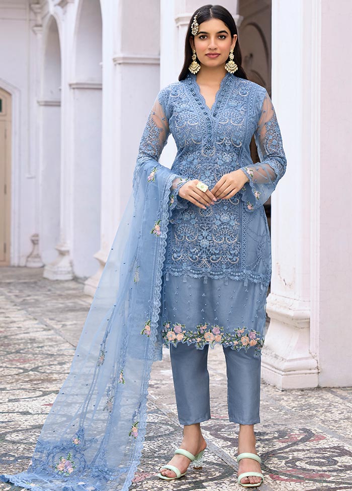 3 Pc Blue Semi Stitched Silk Suit Set With Dupatta VDLL10802232 - Indian Silk House Agencies