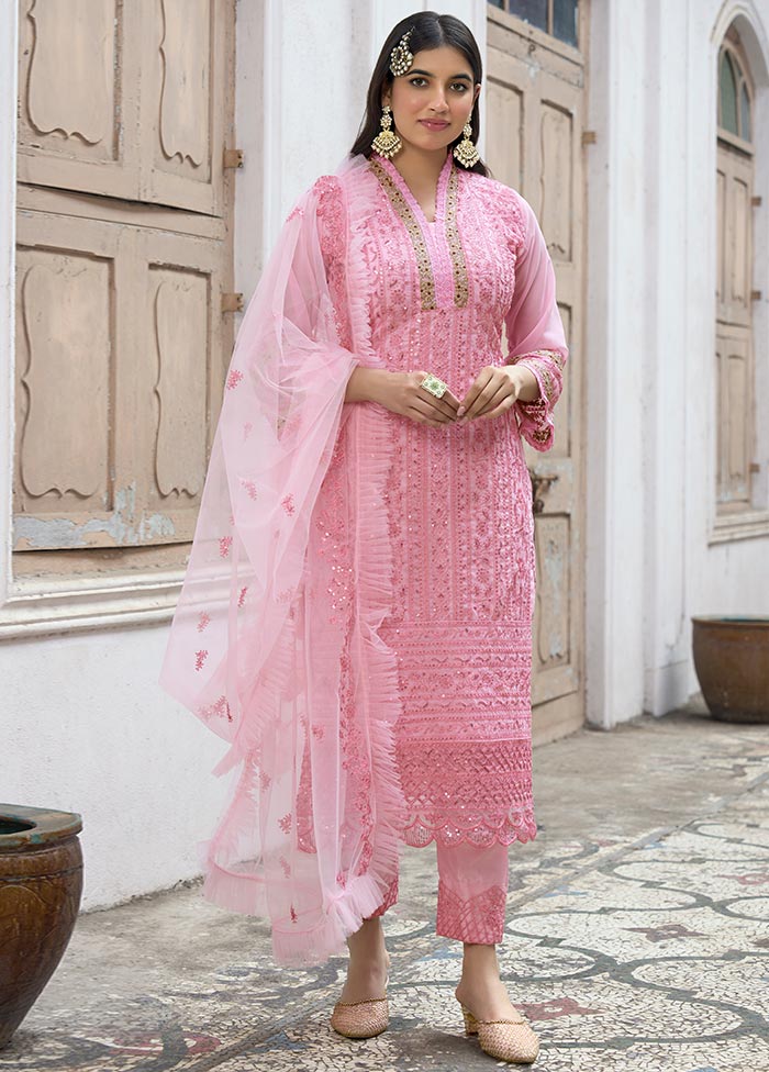 3 Pc Pink Semi Stitched Silk Suit Set With Dupatta VDLL10802235 - Indian Silk House Agencies