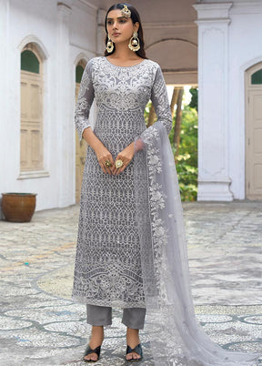 3 Pc Grey Semi Stitched Silk Suit Set With Dupatta VDLL10802236 - Indian Silk House Agencies