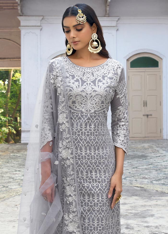 3 Pc Grey Semi Stitched Silk Suit Set With Dupatta VDLL10802236 - Indian Silk House Agencies