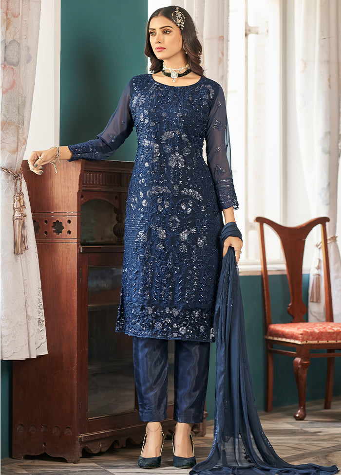 3 Pc Navy Blue Silk Suit Set With Dupatta VDLL2003232 - Indian Silk House Agencies