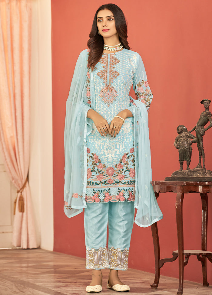 3 Pc Sky Blue Silk Suit Set With Dupatta VDLL2003236 - Indian Silk House Agencies