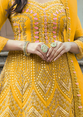 3 Pc Yellow Net Suit Set With Dupatta VDLL0404235 - Indian Silk House Agencies