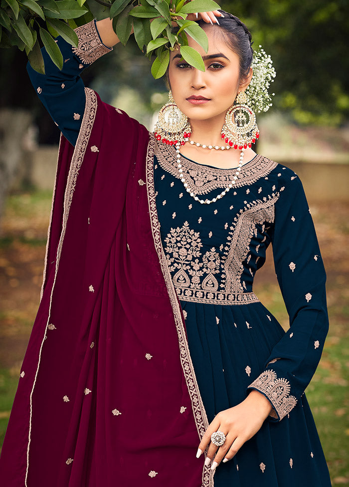 3 Pc Navy Blue Georgette Suit Set With Dupatta VDLL0404238 - Indian Silk House Agencies