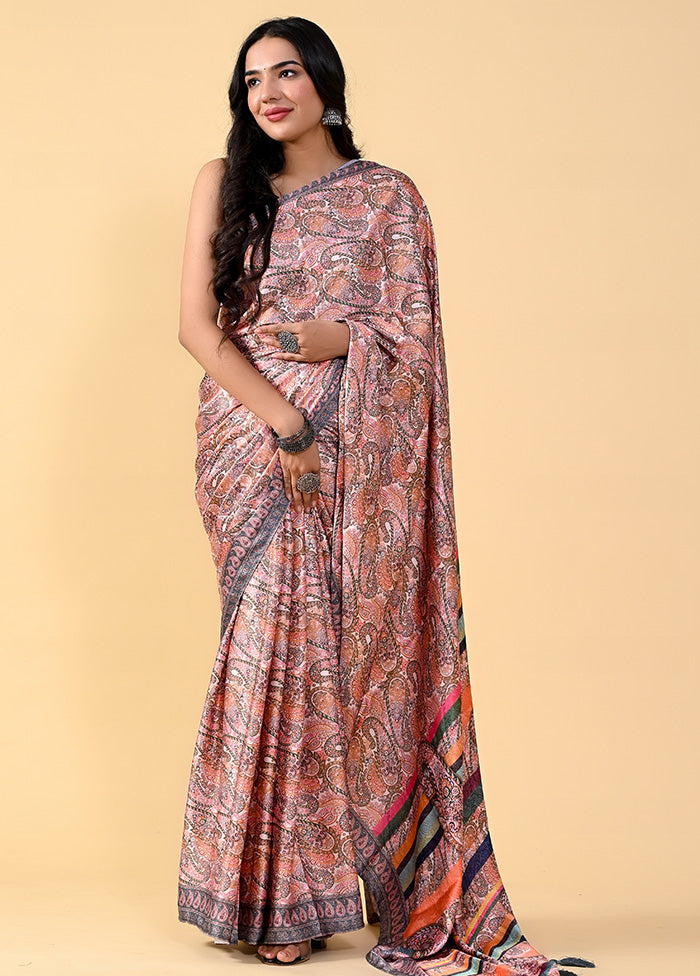 Brown Chiffon Silk Printed Saree With Blouse - Indian Silk House Agencies