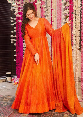 Orange Readymade Silk Dupatta Indian Dress