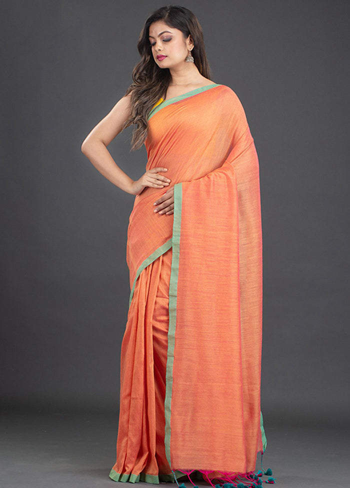 Fire Orange Pure Cotton Solid Saree With Blouse - Indian Silk House Agencies