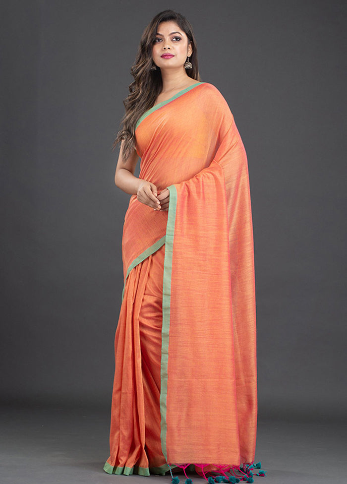 Fire Orange Pure Cotton Solid Saree With Blouse - Indian Silk House Agencies