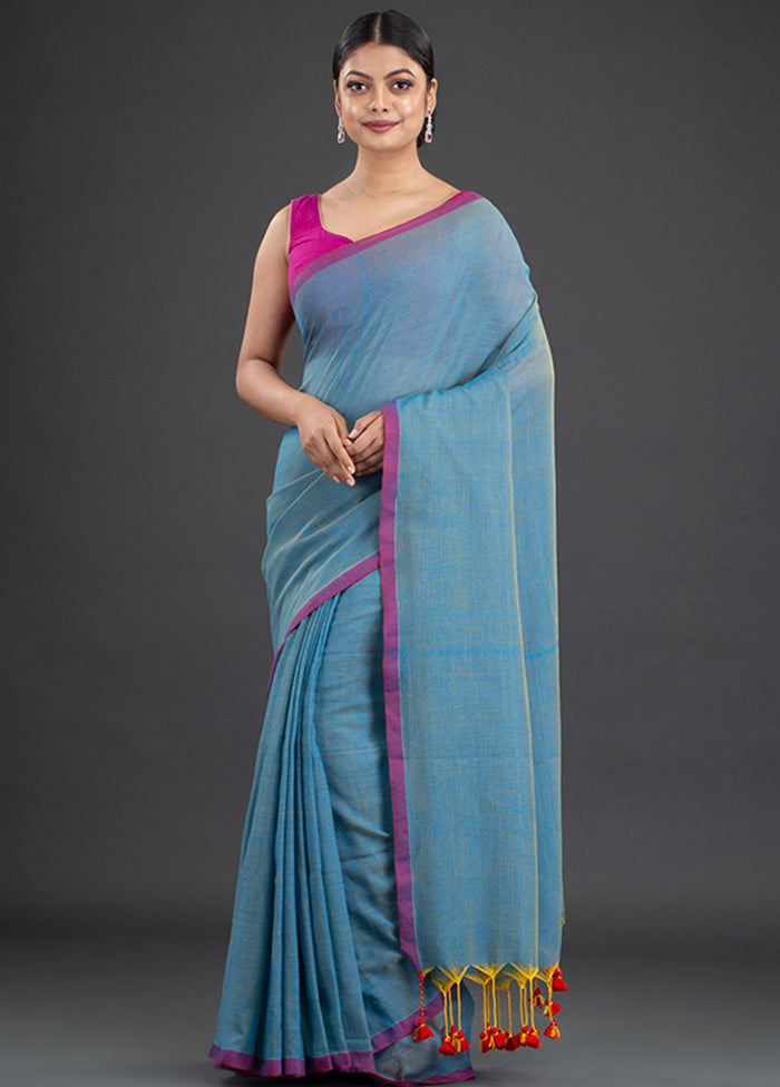 Cerulean Blue Pure Cotton Solid Saree With Blouse - Indian Silk House Agencies