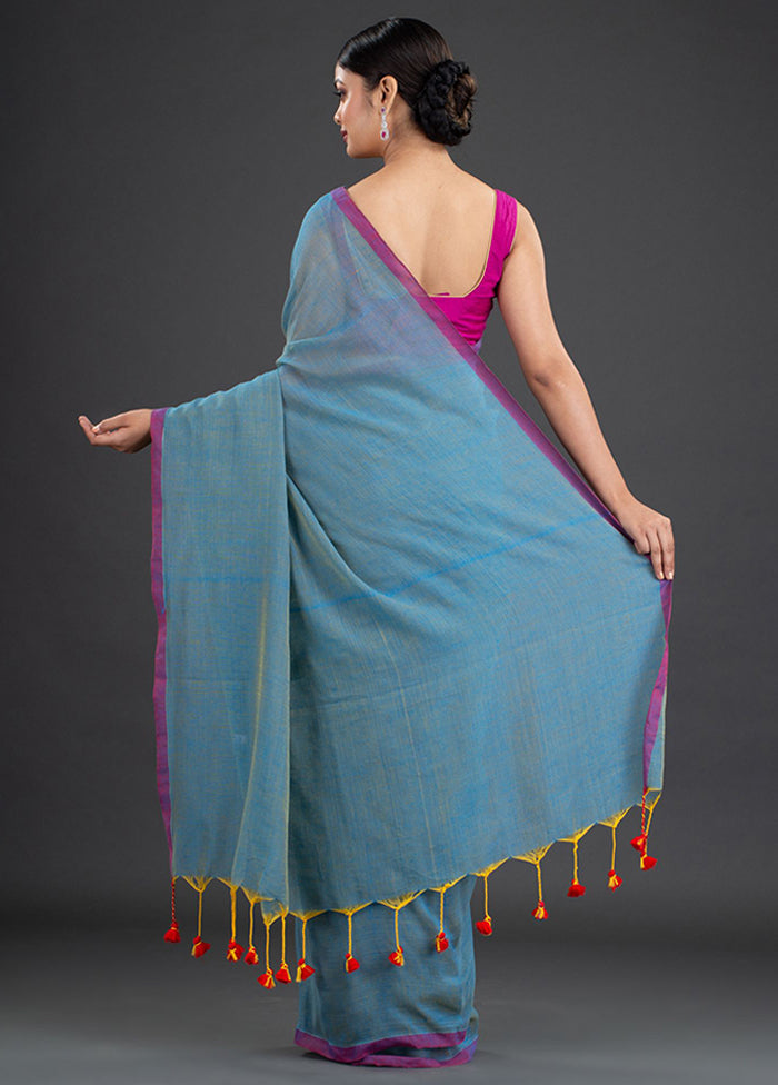 Cerulean Blue Pure Cotton Solid Saree With Blouse - Indian Silk House Agencies