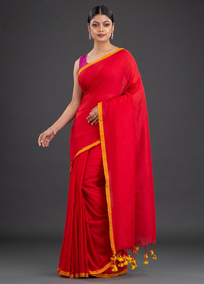 Red Pure Cotton Solid Saree With Blouse - Indian Silk House Agencies