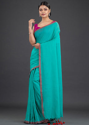 Sea Green Pure Cotton Solid Saree With Blouse - Indian Silk House Agencies