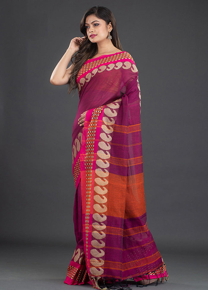 Magenta Pure Cotton Checked Saree With Blouse - Indian Silk House Agencies