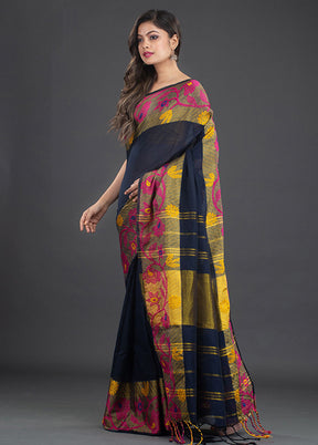 Navy Blue Pure Cotton Floral Saree With Blouse - Indian Silk House Agencies