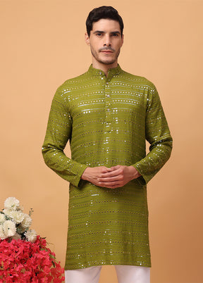 Green Viscose Embroidered Kurta