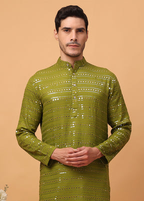 Green Viscose Embroidered Kurta