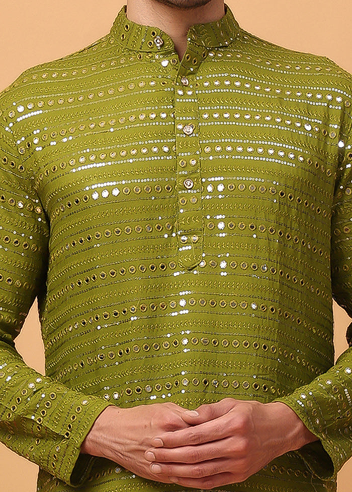 Green Viscose Embroidered Kurta