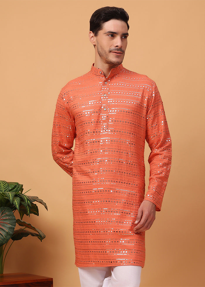 Orange Viscose Embroidered Kurta