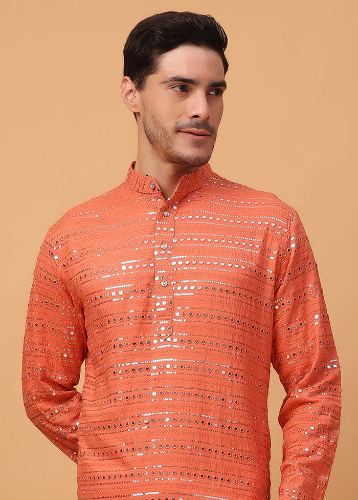 Orange Viscose Embroidered Kurta