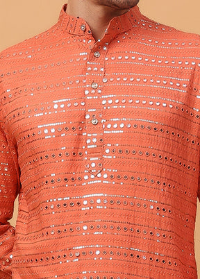 Orange Viscose Embroidered Kurta