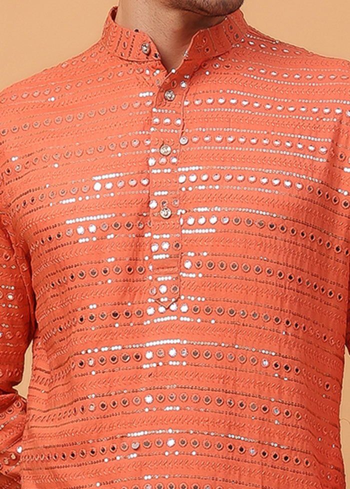 Orange Viscose Embroidered Kurta