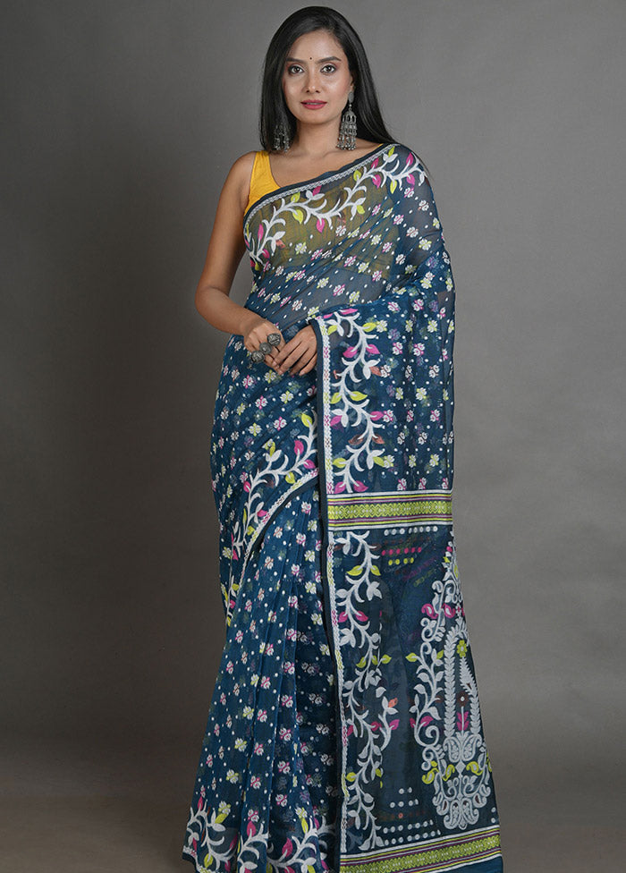 Blue Tant Jamdani Saree Without Blouse Piece - Indian Silk House Agencies