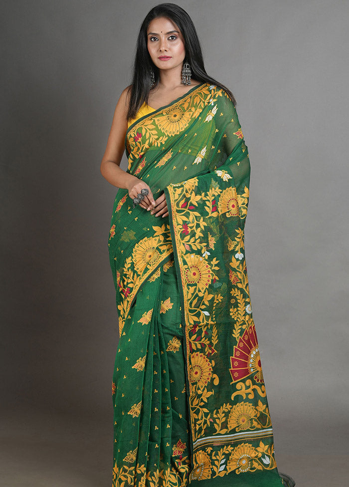 Green Tant Jamdani Saree Without Blouse Piece - Indian Silk House Agencies