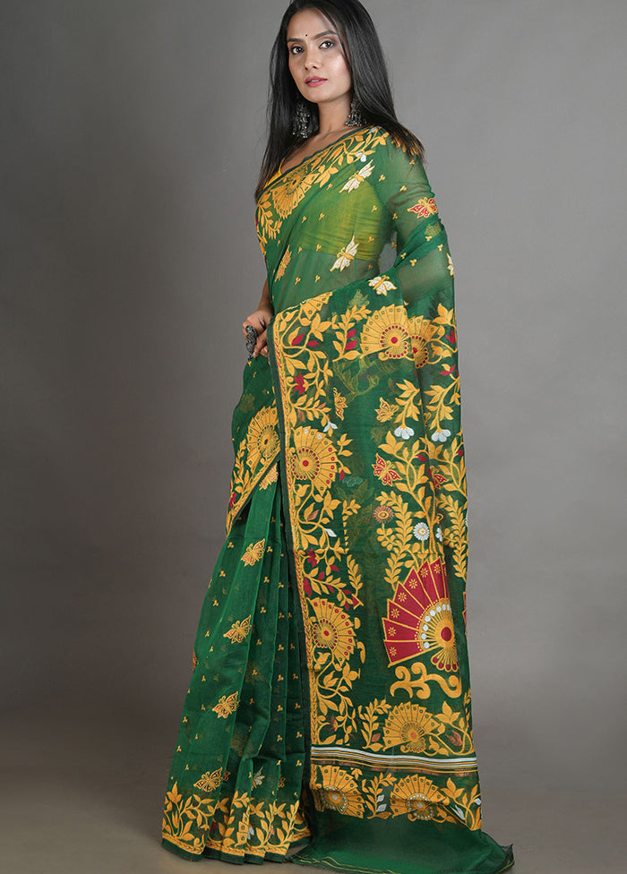 Green Tant Jamdani Saree Without Blouse Piece - Indian Silk House Agencies