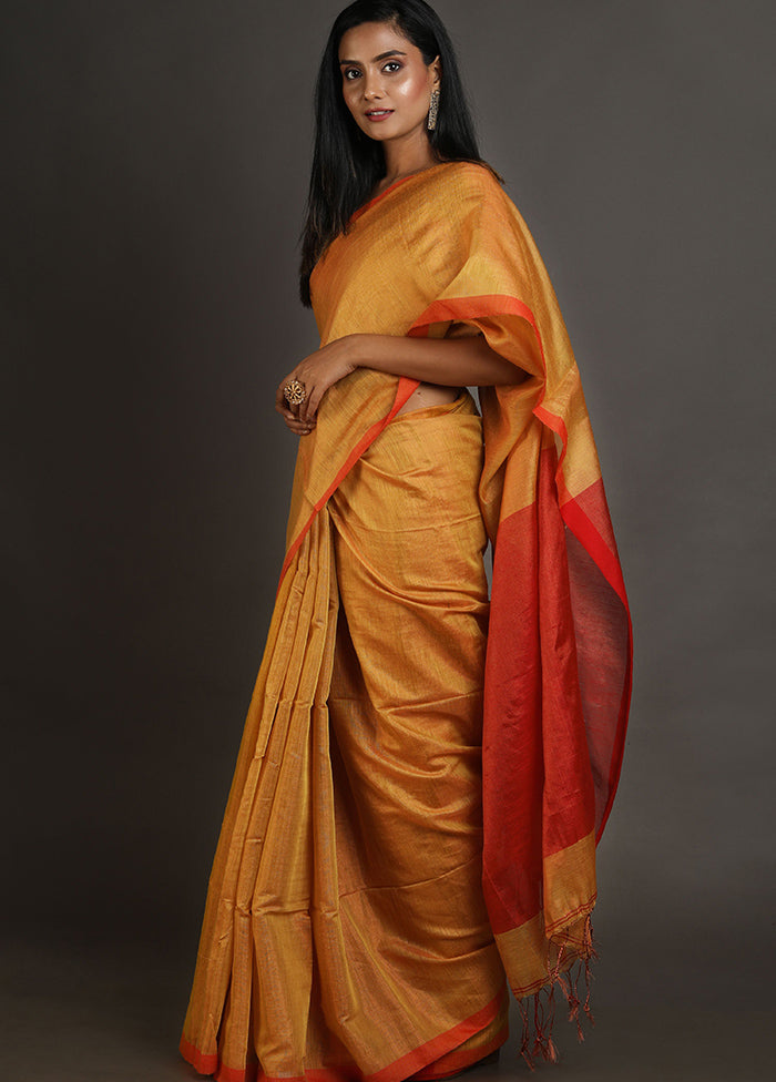 Mustard Spun Silk Saree With Blouse Piece - Indian Silk House Agencies