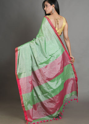 Tea Green Linen Silk Saree With Blouse Piece - Indian Silk House Agencies