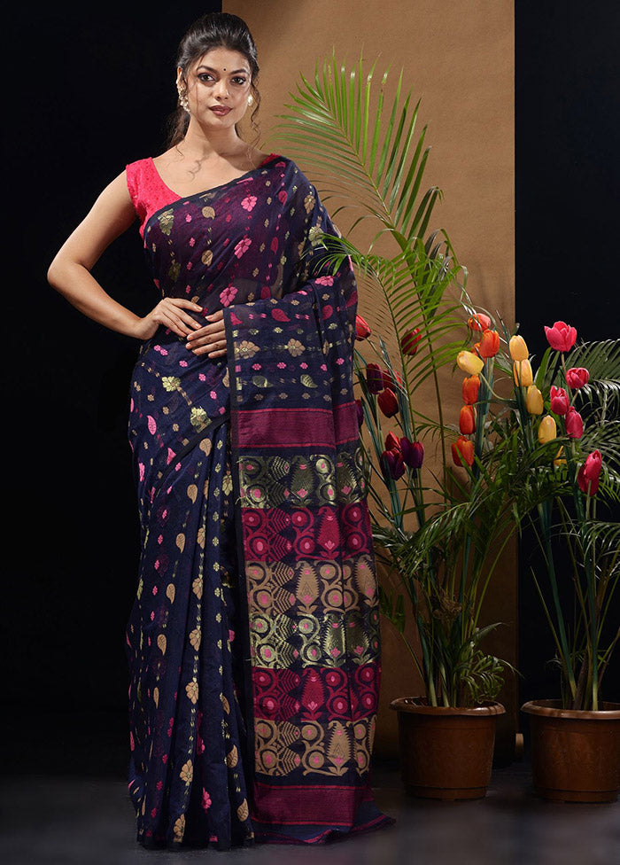 Navy Blue Tant Saree Without Blouse Piece - Indian Silk House Agencies